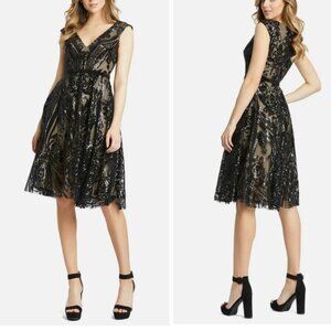 Le Chateaux Black and Beige Sequin Fit and Flare Dress Size M